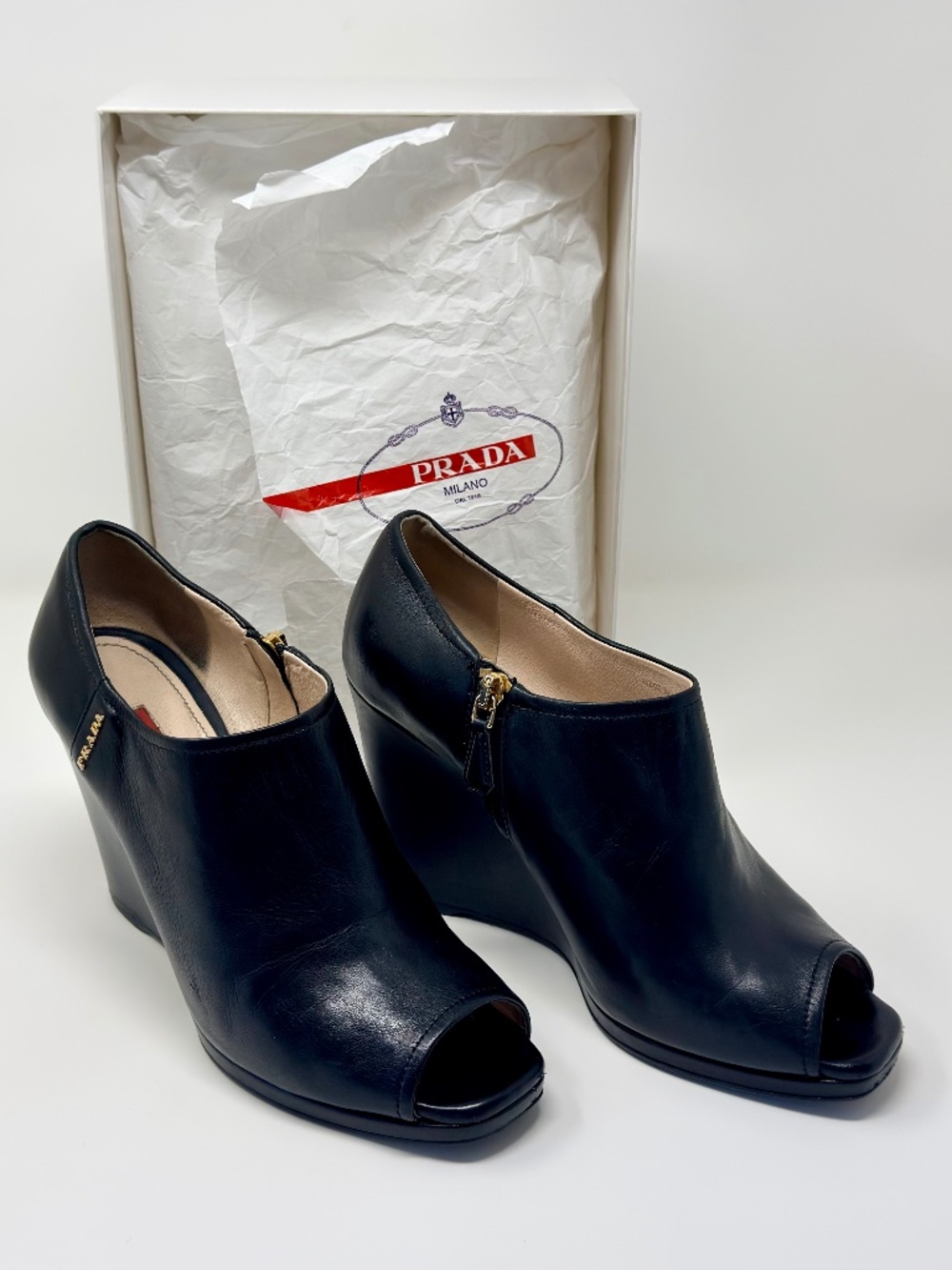 Prada black leather wedge peep toe bootie